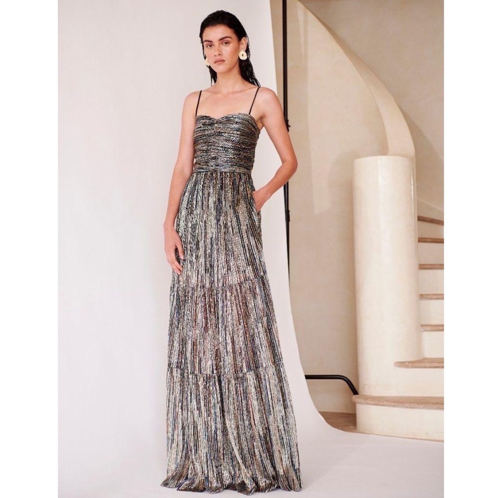 Rebecca Vallance Bellagio Maxi Gown 2 Multicolor Metallic Pleated Tiered Glam